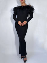 Black Off the shoulder Maxi Dress with Ostrich Feathers