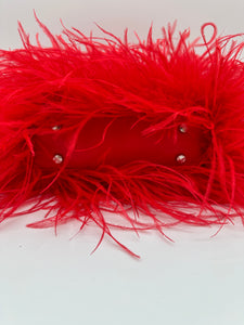 Red ostrich feather handbag, bottom side