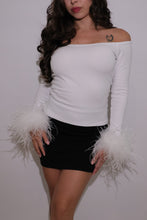 White Off the shoulder Top with Ostrich Feathers