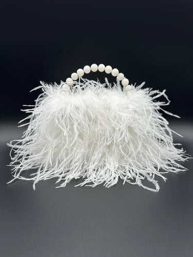 white ostrich feather bag with handle, front  side