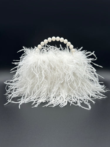 White Ostrich Feather Bag with White Jade stone bead handle