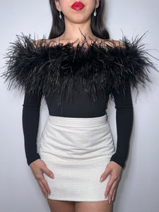 Off the shoulder long sleeve Black Ostrich Feather Bodysuit