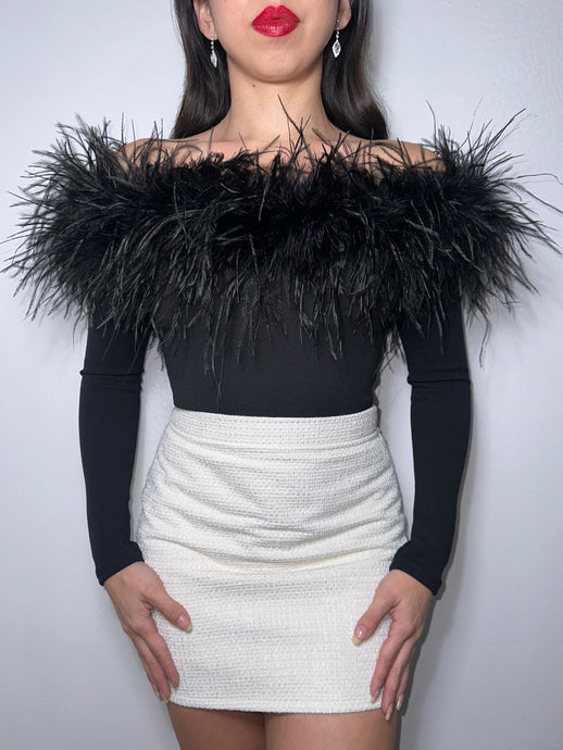 Off the shoulder, Black, Ostrich Feather Bodysuit