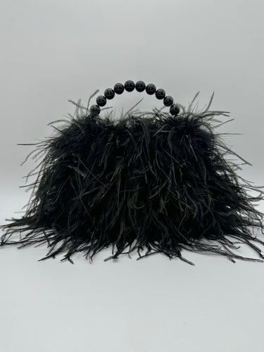 Black Ostrich feather bag with handle, front side