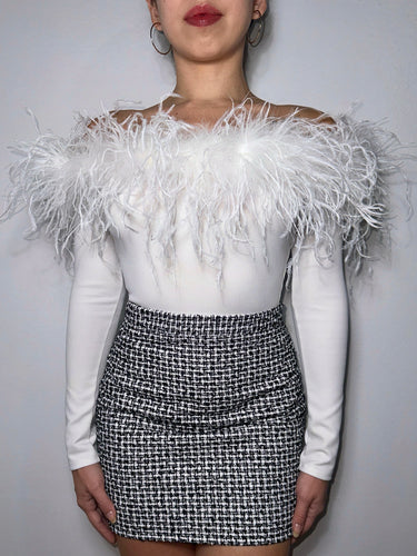 Off the shoulder ,White, Ostrich Feather Bodysuit