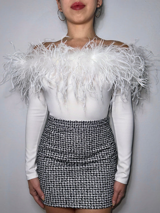 Off the shoulder ,White, Ostrich Feather Bodysuit