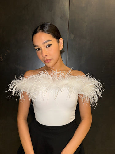 Off the shoulder, White, Ostrich Feather Bodysuit