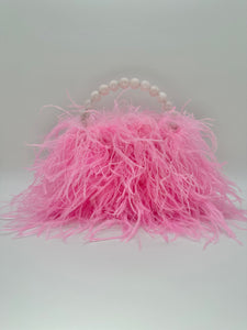Pink Ostrich Feather Bag with handle, front side