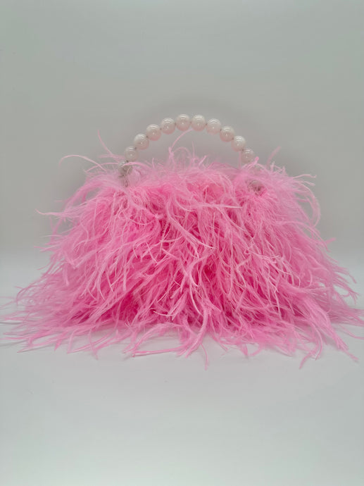 Pink Ostrich Feather Bag with Rose Quartz stone bead handle