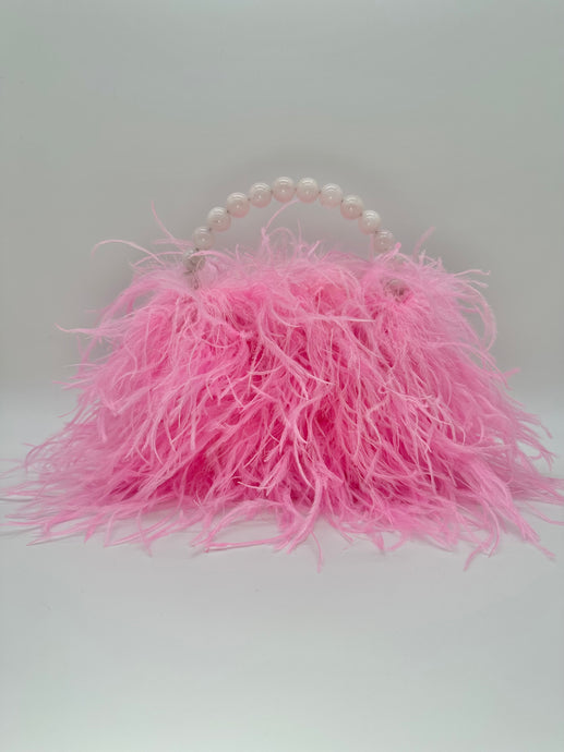 Pink Ostrich Feather Bag with Rose Quartz stone bead handle