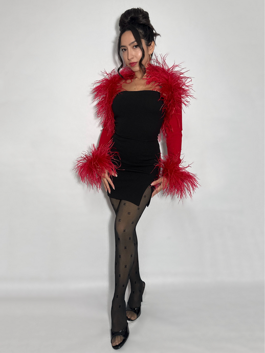Red Ostrich Feather Bolero - Crop Coat