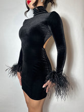 Black Velvet Mini Backless Turtleneck Dress with Ostrich Feathers
