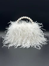 White feather handbag with white jade round bead handle 