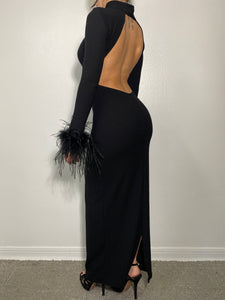 Backless Turtleneck Maxi Dress with Ostrich Feather Cuffs - Black