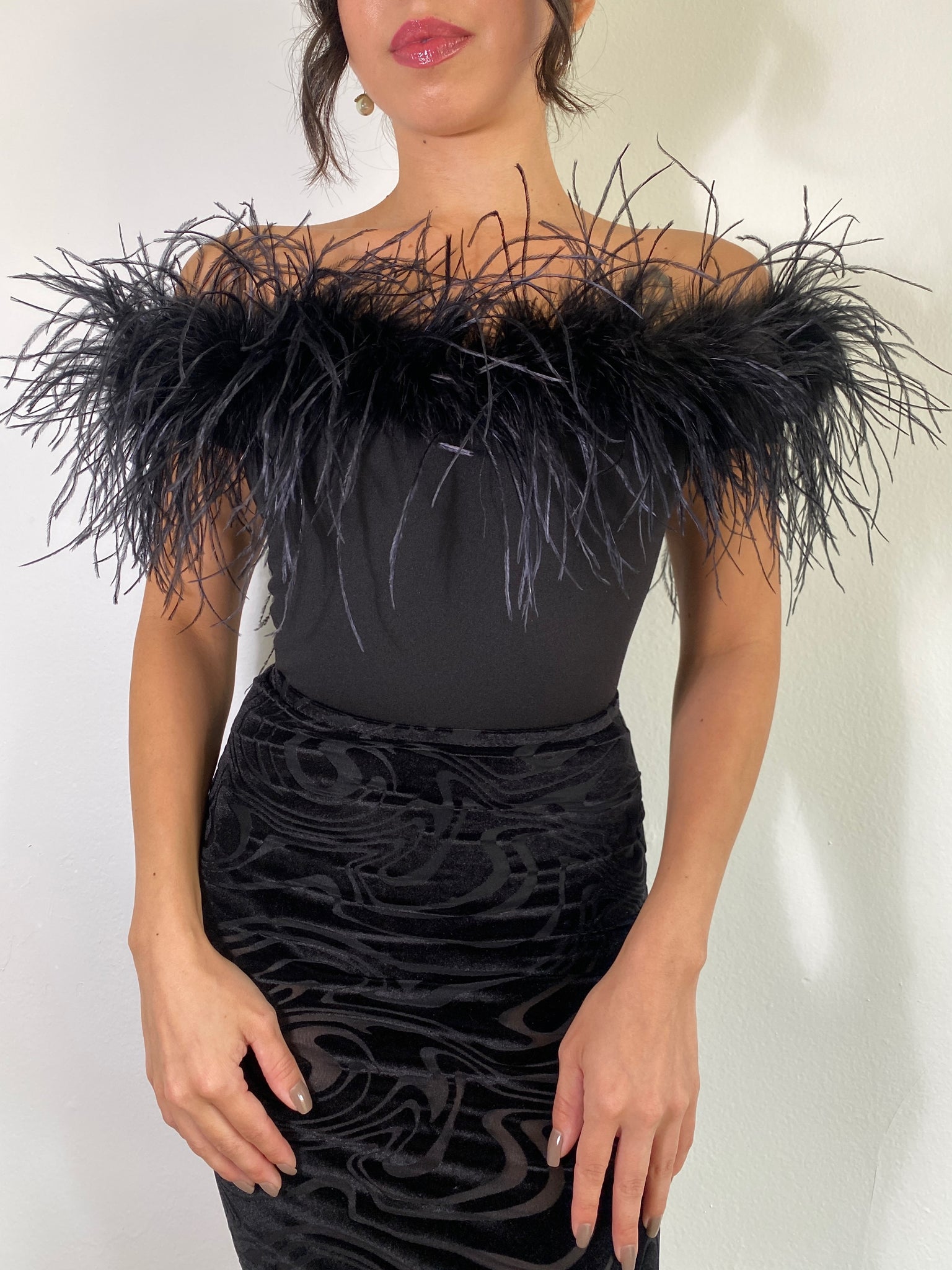 Off The Shoulder Black Ostrich Feather Bodysuit XLarge / 4’11”-5’2”