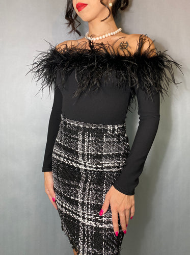 Off the shoulder long sleeve Black Ostrich Feather Bodysuit