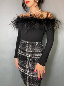 Off the shoulder long sleeve Black Ostrich Feather Bodysuit