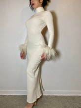 Backless Turtleneck Maxi Dress with Ostrich Feather Cuffs - Ivory White