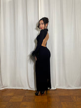 Backless Turtleneck Maxi Dress with Ostrich Feather Cuffs - Black