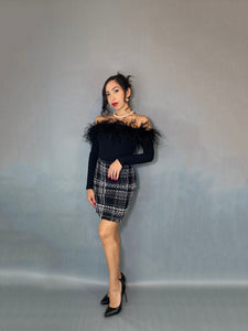 Off the shoulder, Black, Ostrich Feather Bodysuit
