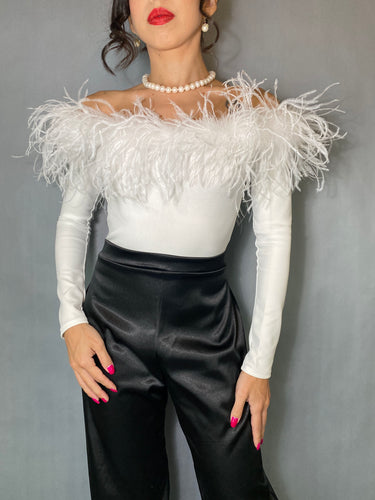 Off the shoulder long sleeve White Ostrich Feather Bodysuit