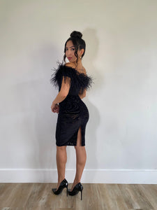 Off the shoulder Black Ostrich Feather Bodysuit