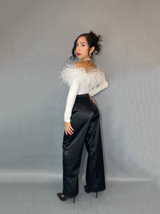 Off the shoulder long sleeve White Ostrich Feather Bodysuit