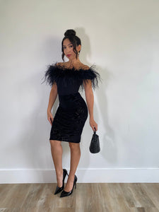 Off the shoulder Black Ostrich Feather Bodysuit