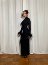 Backless Turtleneck Maxi Dress with Ostrich Feather Cuffs - Black