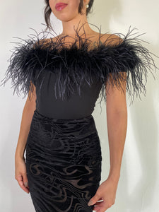 Off the shoulder Black Ostrich Feather Bodysuit