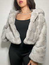 Crop Faux Fur Coat in Gray and Cream