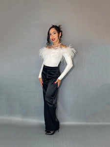 Off the shoulder long sleeve White Ostrich Feather Bodysuit