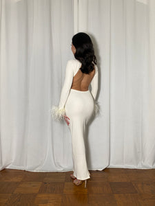 Backless Turtleneck Maxi Dress with Ostrich Feather Cuffs - Ivory White